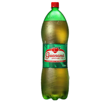 Uma garrafa pet de 2 litros de refrigerante guaraná antartica, com um adesivo verde com a logo da guaranaá antartica em vermelho
