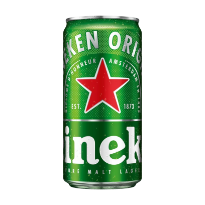 Lata de cerveja Heineken verde com logotipo e texto branco, incluindo ‘HEINEKEN ORIGINAL’ e ‘PURE MALT LAGER’.