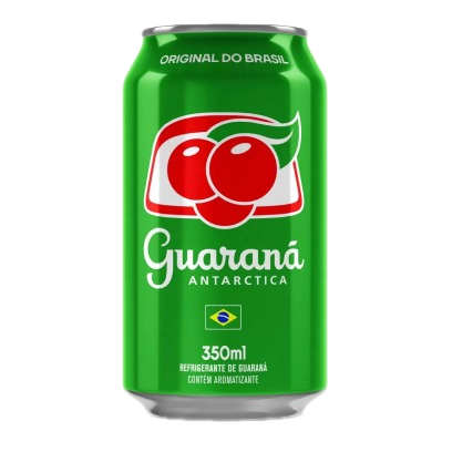 Lata de refrigerante Guarana Antarctica verde, indicando ‘Original do Brasil’, 350 ml.