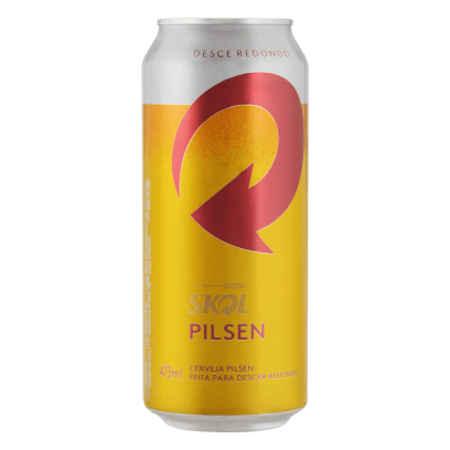 Lata de cerveja Skol Pilsen amarela com logotipo ‘SKOL PILSEN’ em vermelho e indicando 473ml.